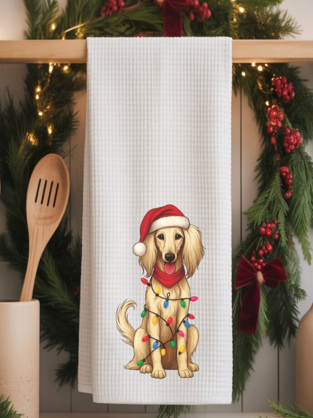 Saluki Christmas Lights Decorative Kitchen Tea Towel